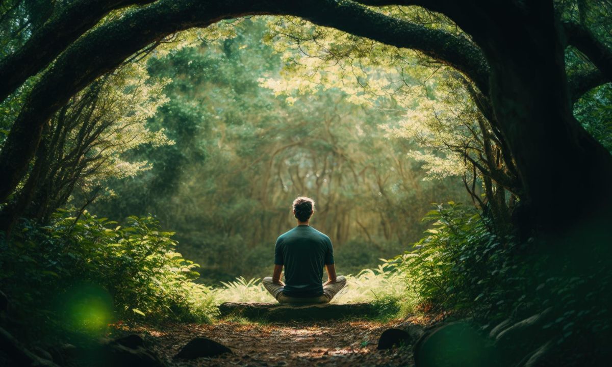 A person meditating outdoors, surrounded by trees and a gentle stream, embracing mindfulness and inner tranquility.