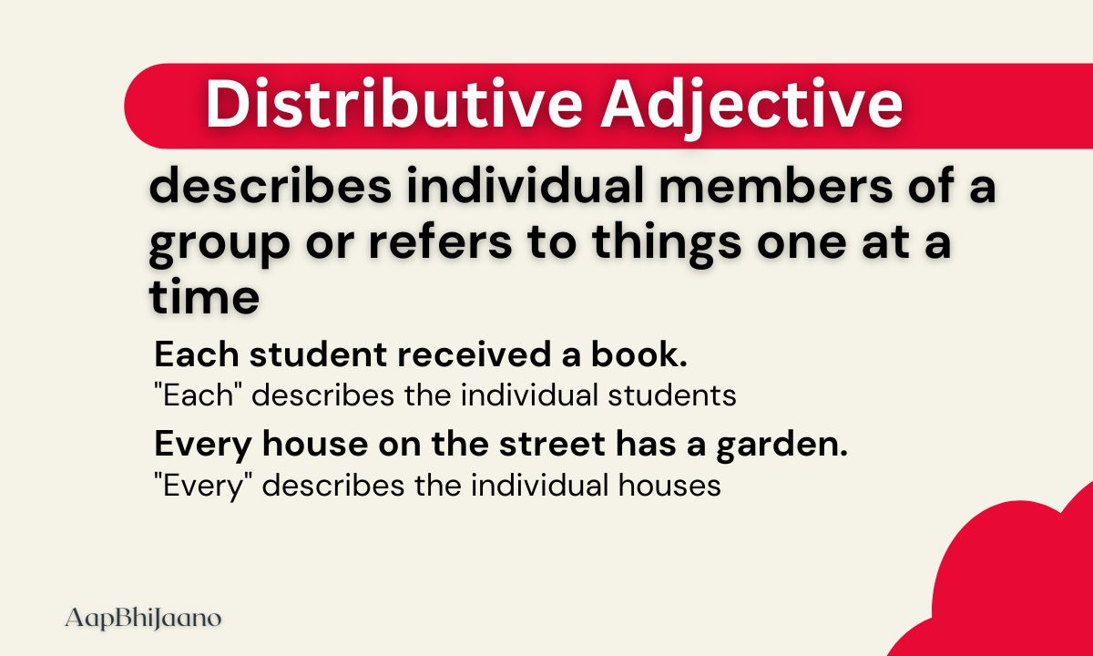 the concept of distributive adjectives, exemplified by 'Each student received a book' and 'Both children finished their homework'