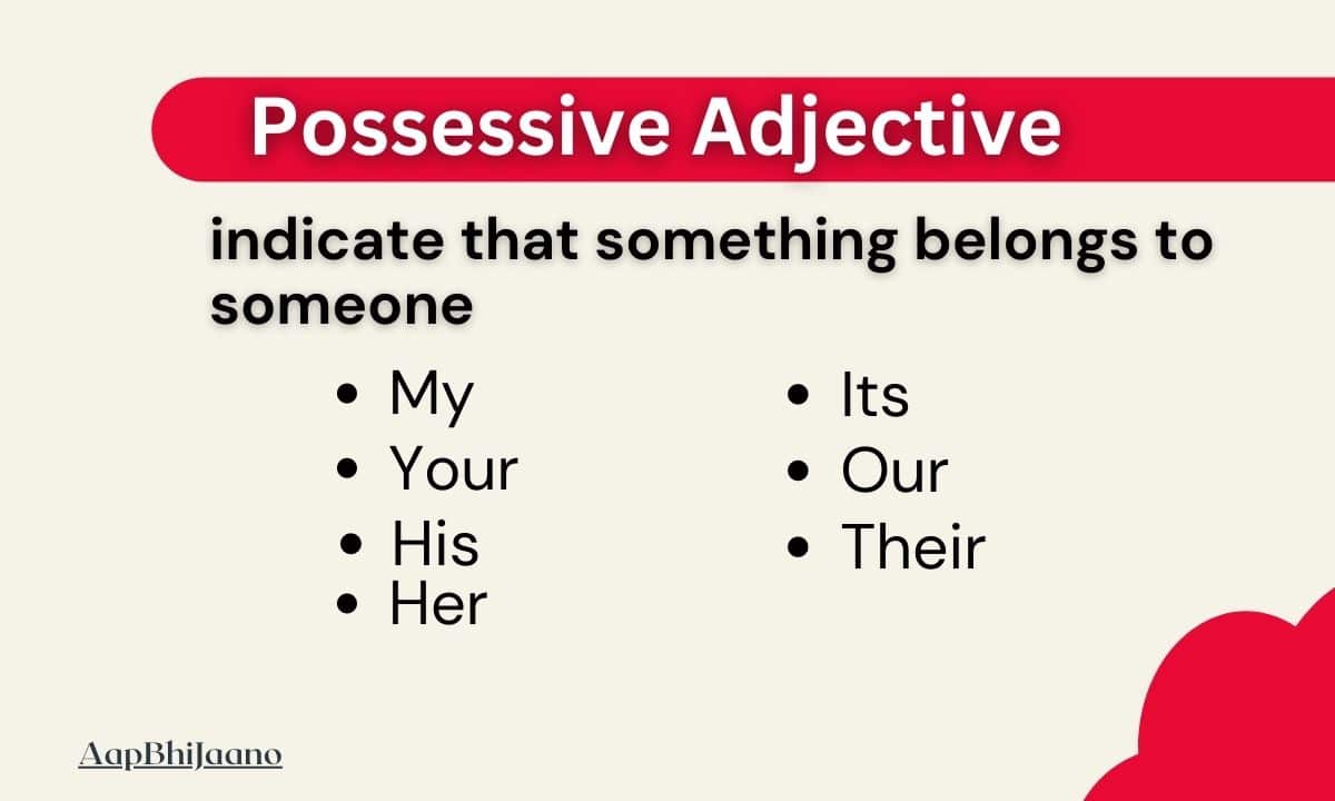 Possessive adjectives illustrating ownership and relationships in English grammar.