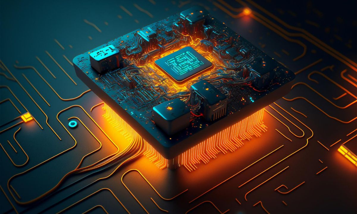 Close-up of a semiconductor chip showing complex circuitry and integrated components, powering modern electronics.