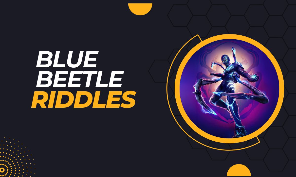 Blue Beetle comic-themed riddles showcasing heroism, mystery, and scarab-powered adventures in vibrant panel