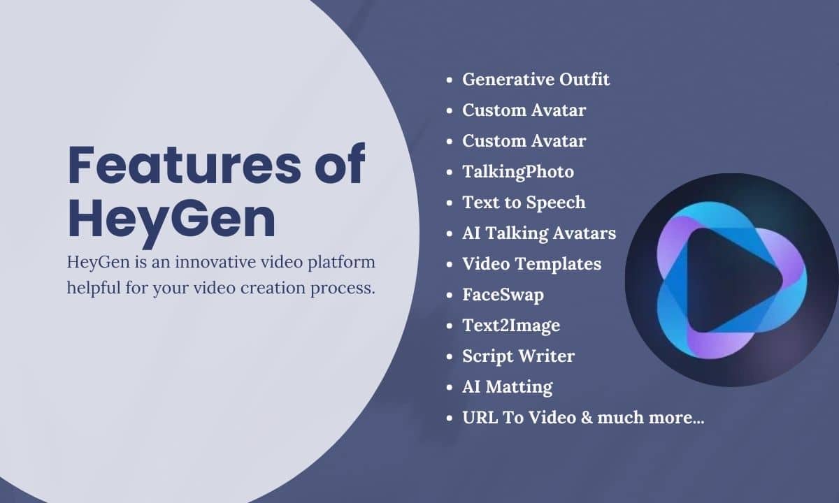 HeyGen video platform features, including custom avatar, text to speech, and video templates.