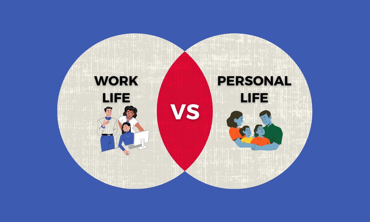 Work-life balance concept with scale between work and personal life elements.