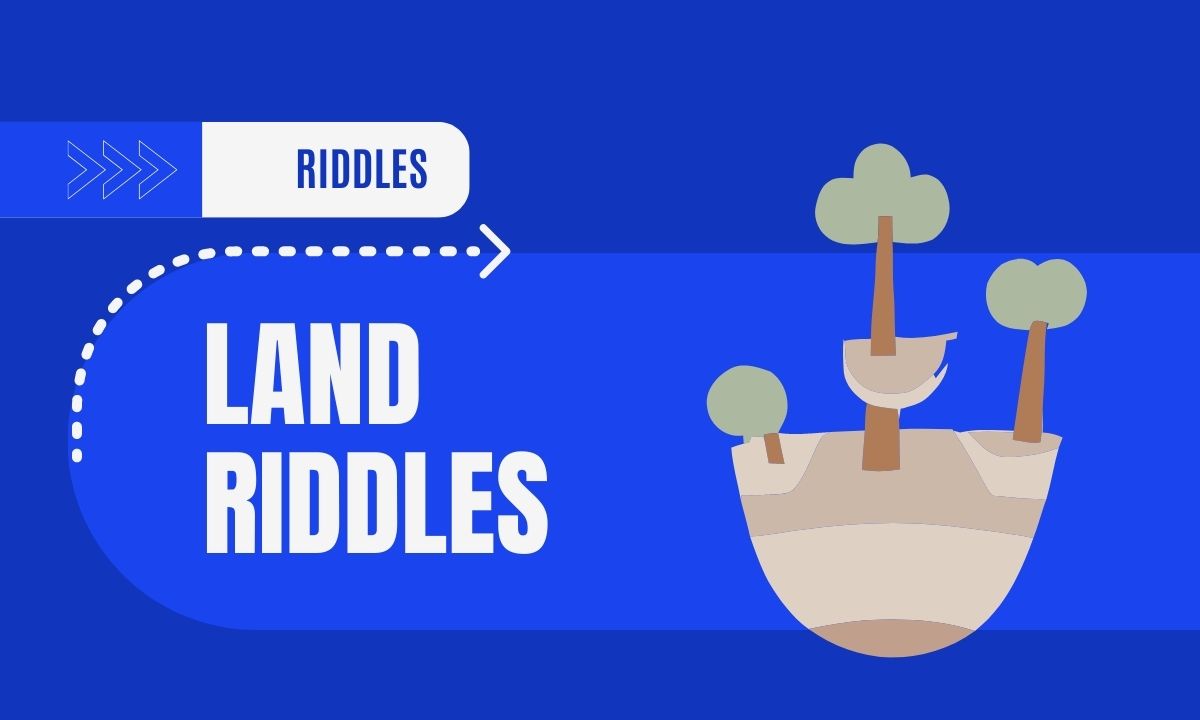 Cartoon island with trees, land riddles text