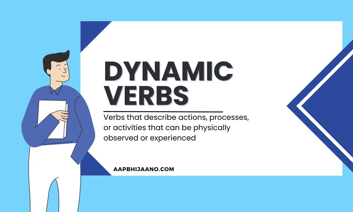 A man holding a book in front of a sign that says "Dynamic Verbs".