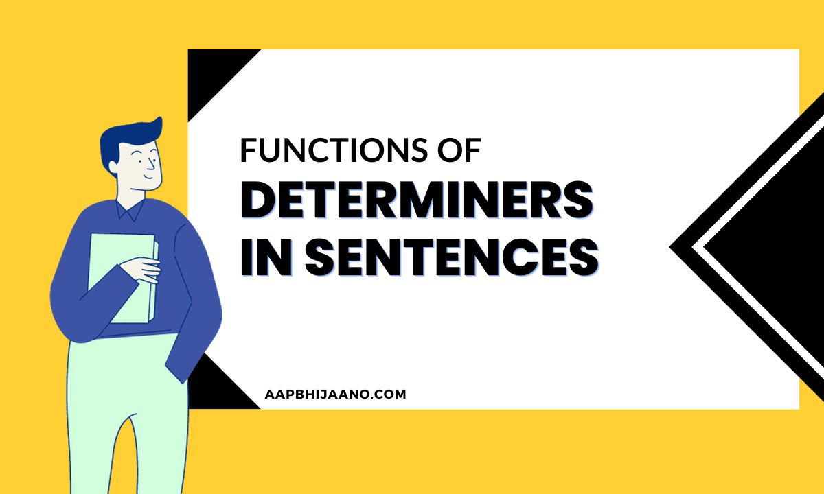 A cartoon man in a blue shirt holds a book titled "Functions of Determiners in Sentences".