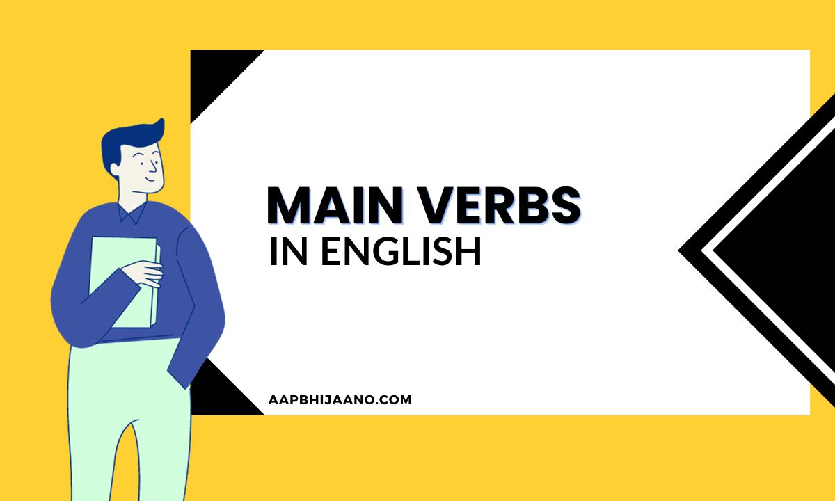 Cartoon man holding a book with text "main verbs in English".