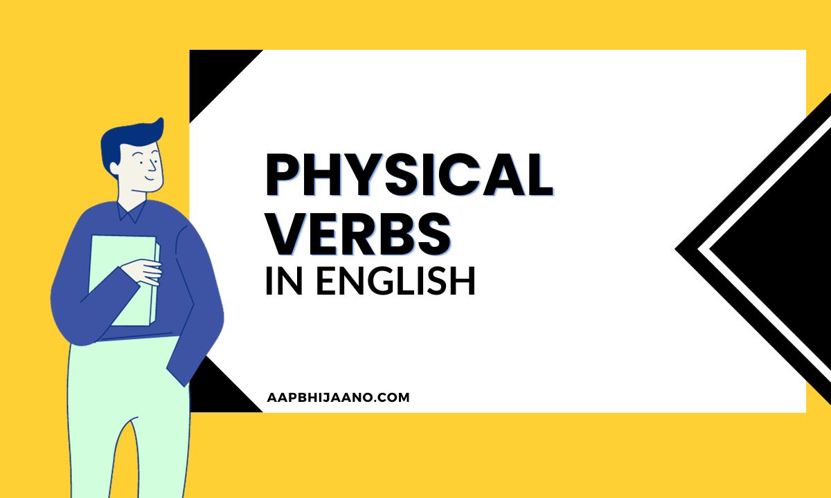 Cartoon man holding a book titled "PHYSICAL VERBS IN ENGLISH."