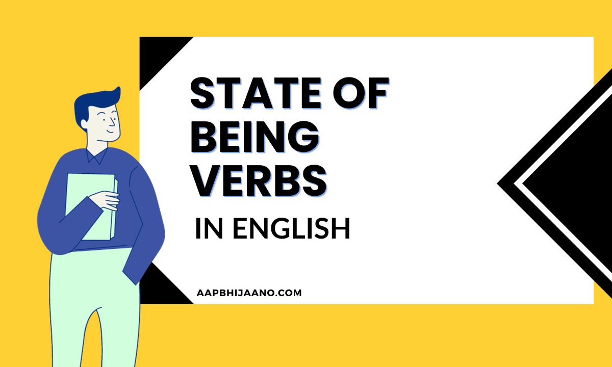 Cartoon man surprised by a book titled "STATE OF BEING VERBS IN ENGLISH."