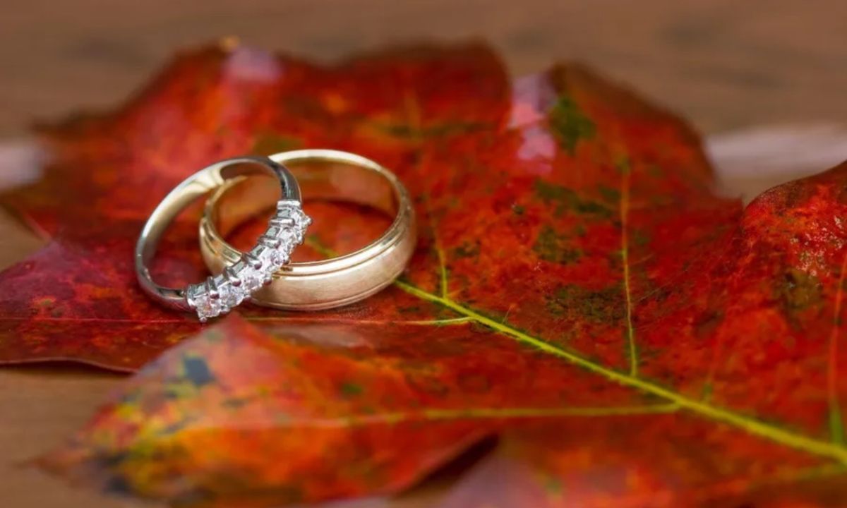 couple engagement rings fall leaf